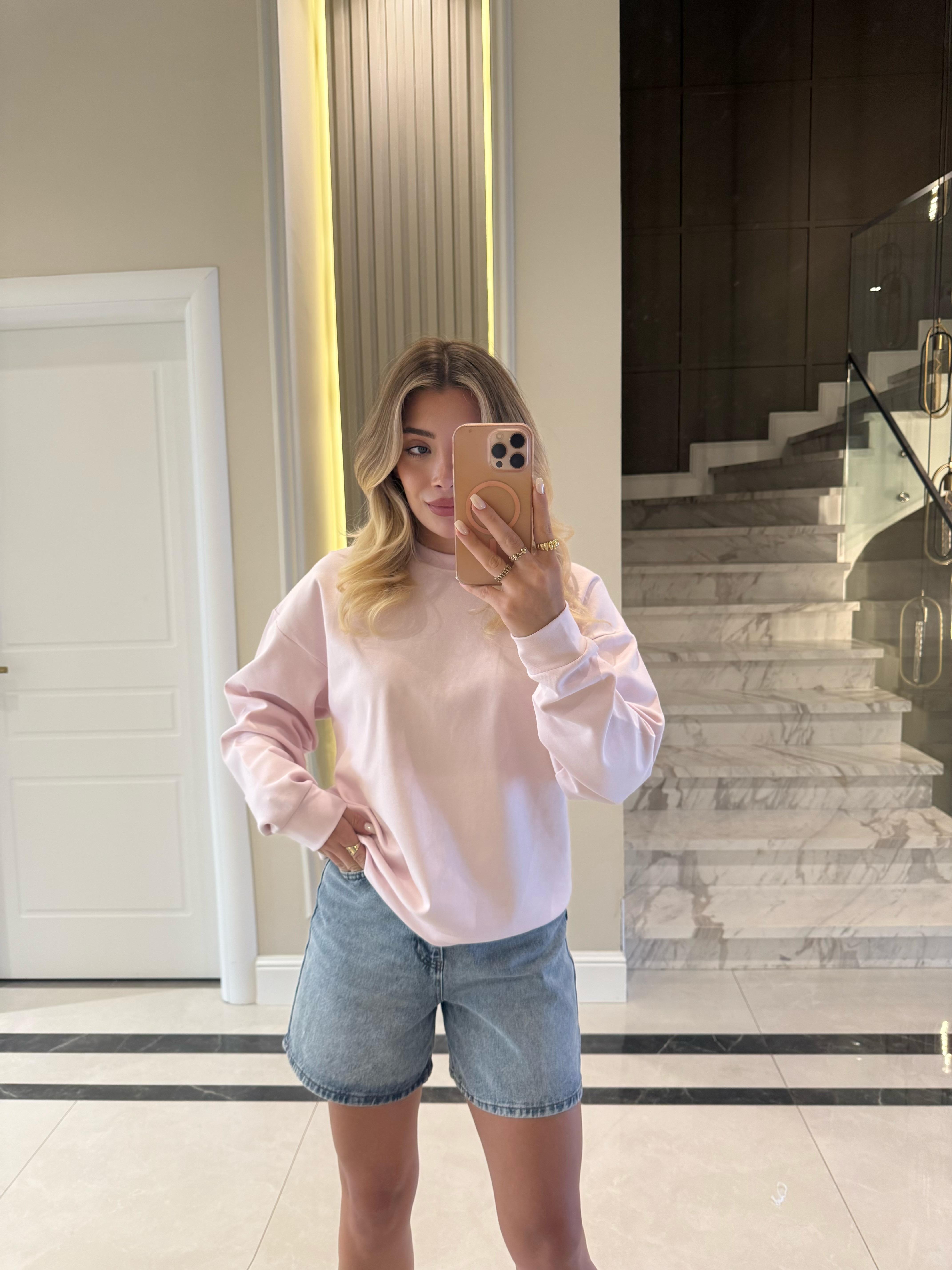 Toz Pembe Düz Basic Oversize Sweatshirt