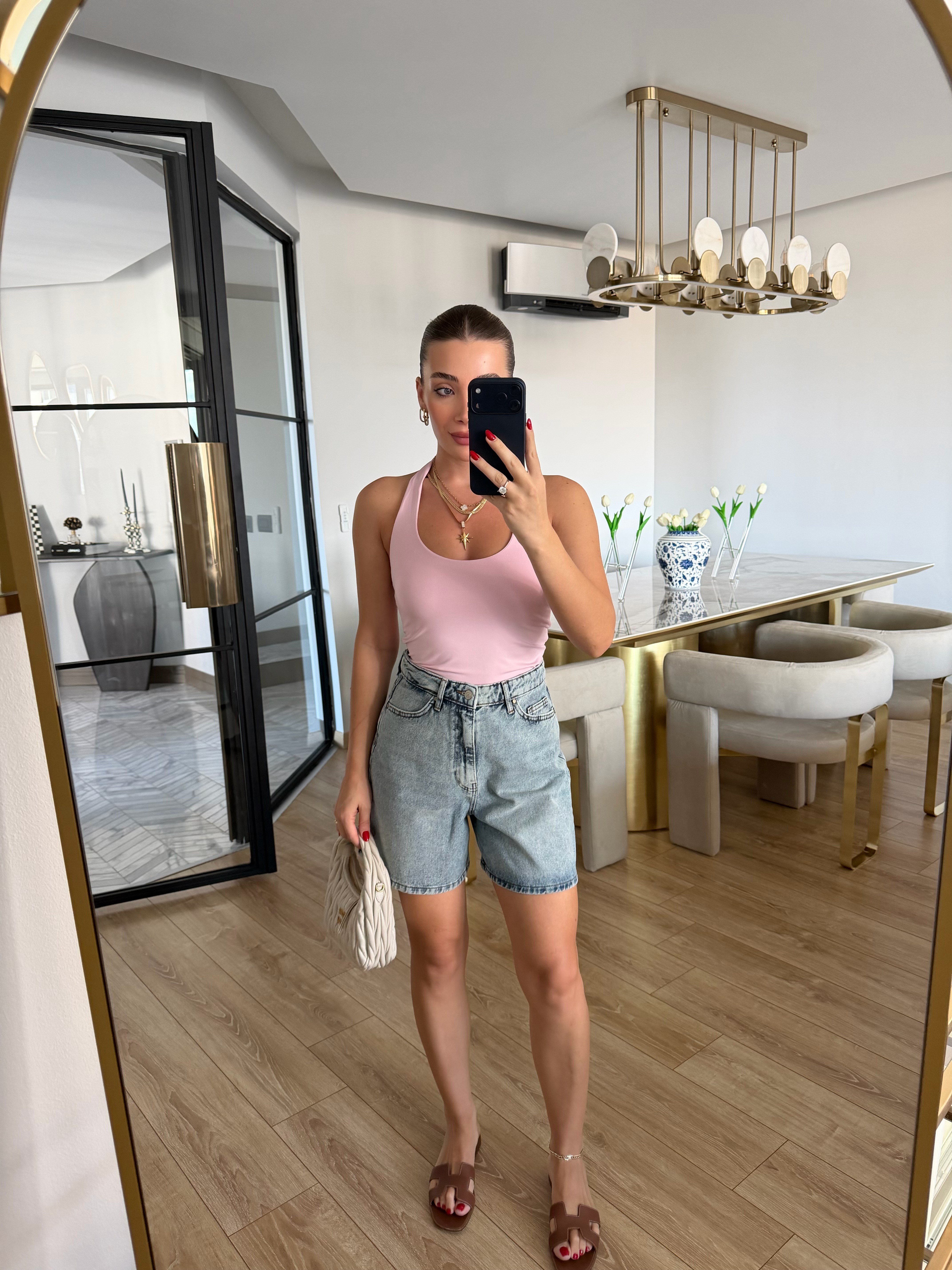 Toz Pembe Halter Yaka Top - 31753
