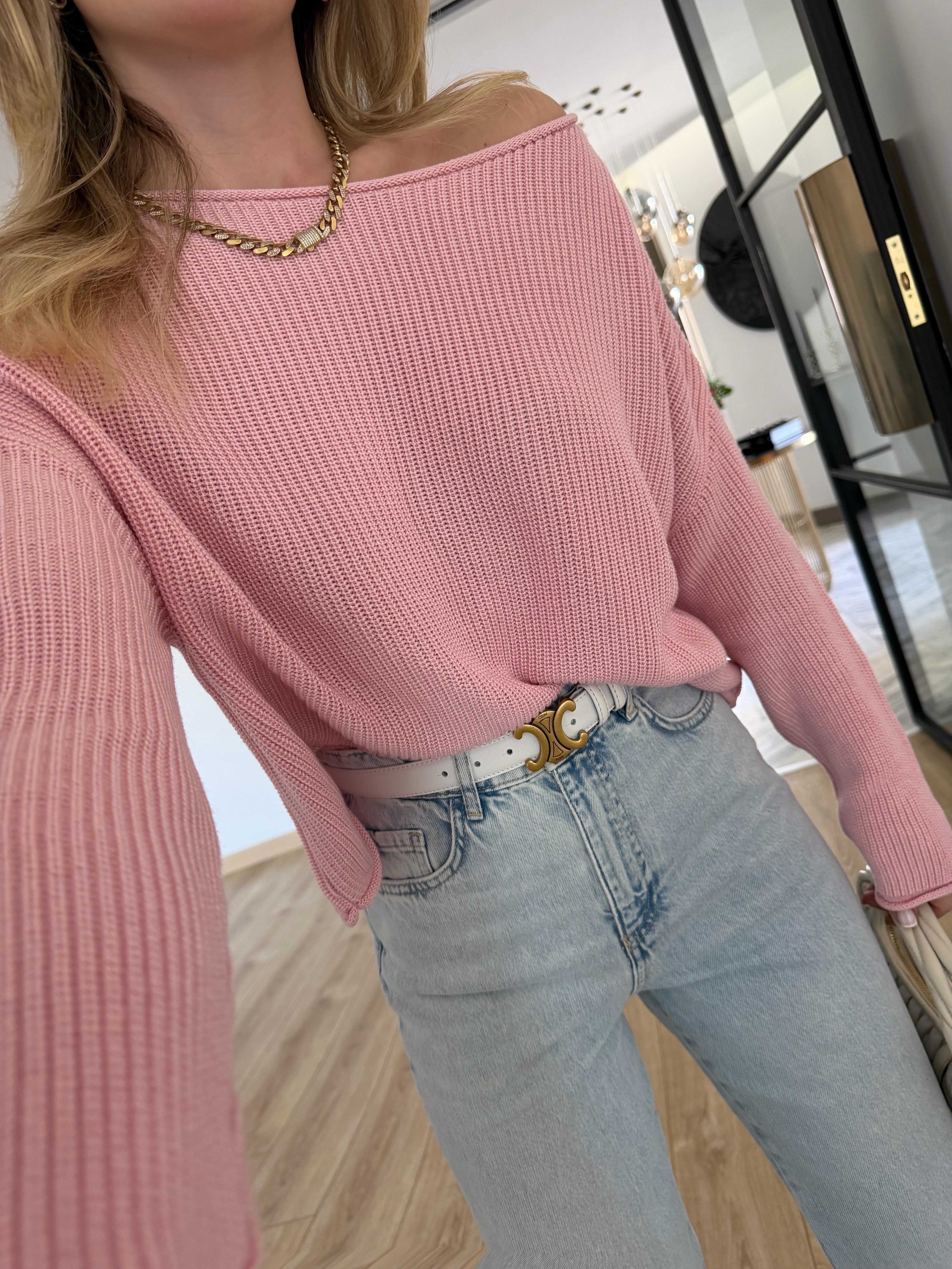 Toz Pembe Kayık Yaka Basic Triko Kazak-10804