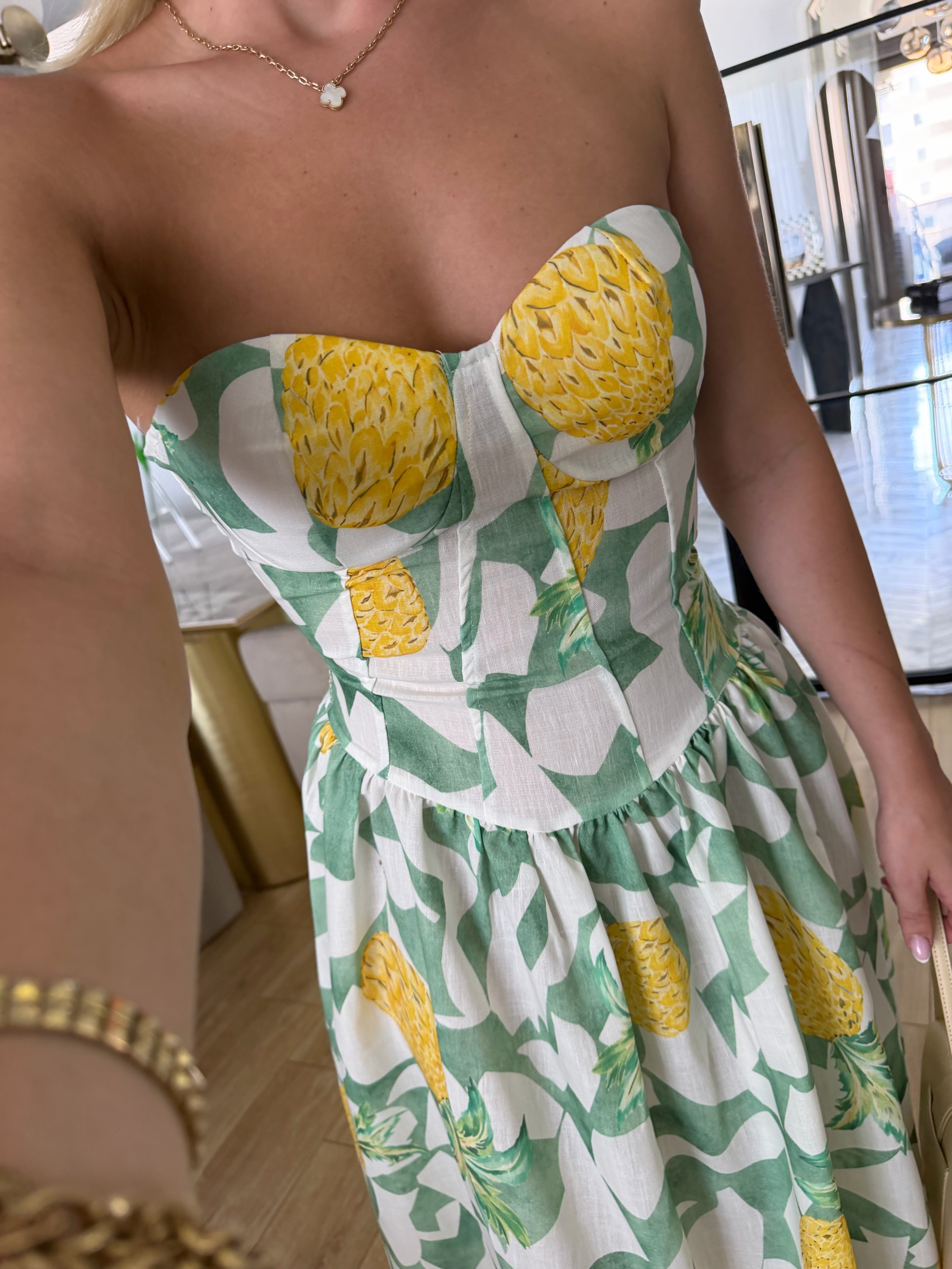 Tropik Ananas Desenli Midi Elbise
