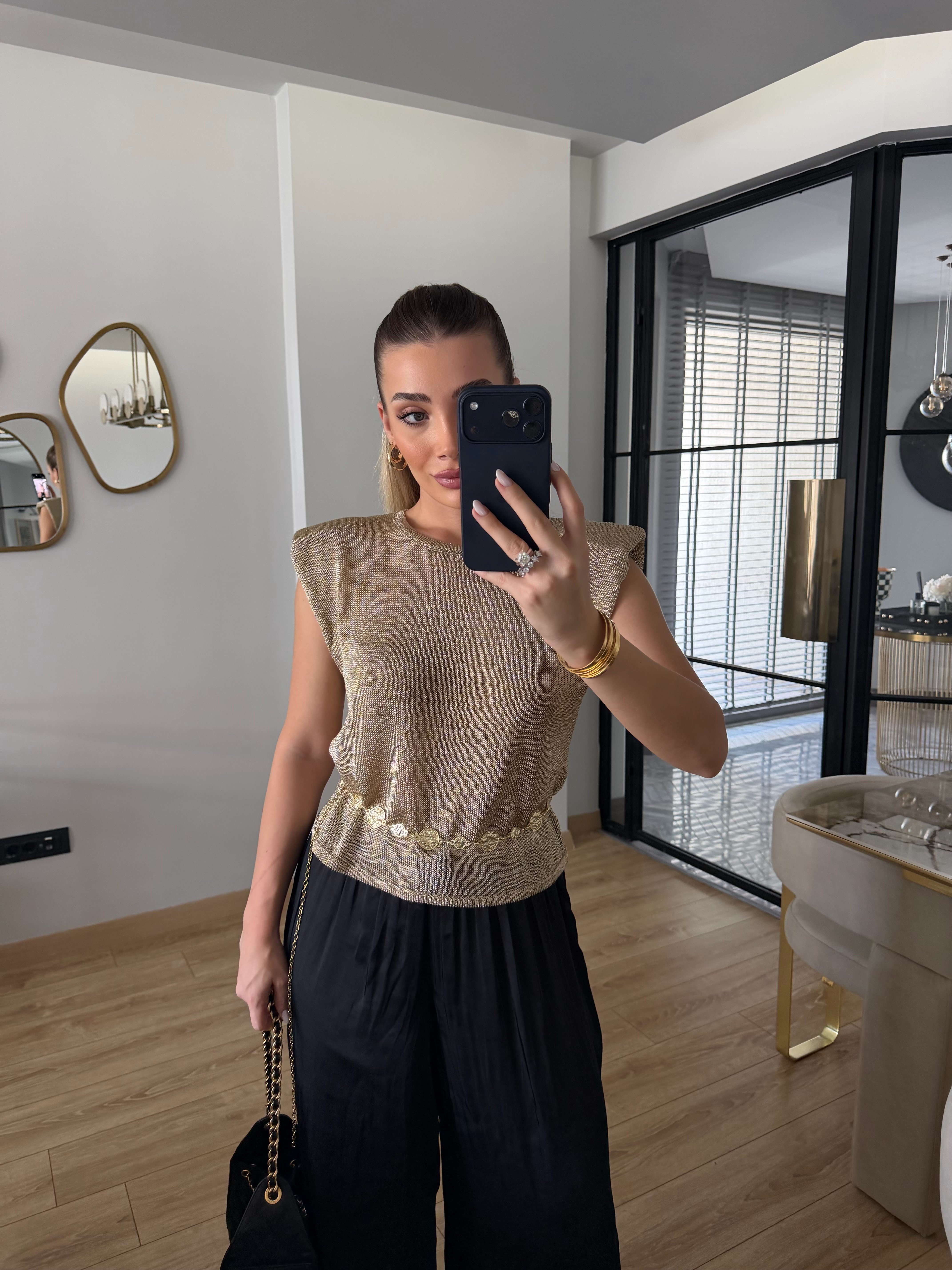 Vatkalı Simli Triko Bluz - 2816