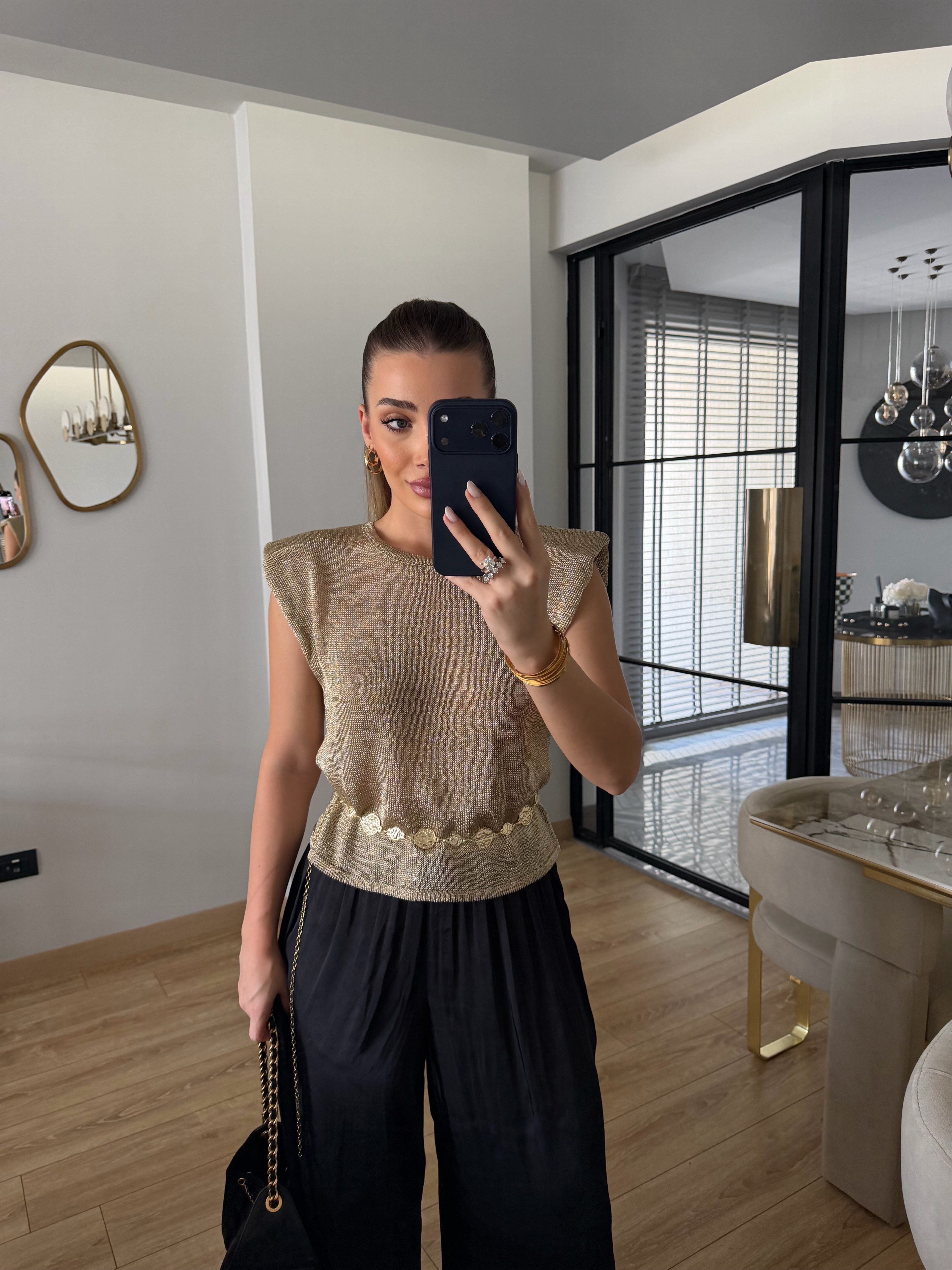 Vatkalı Simli Triko Bluz - 2816
