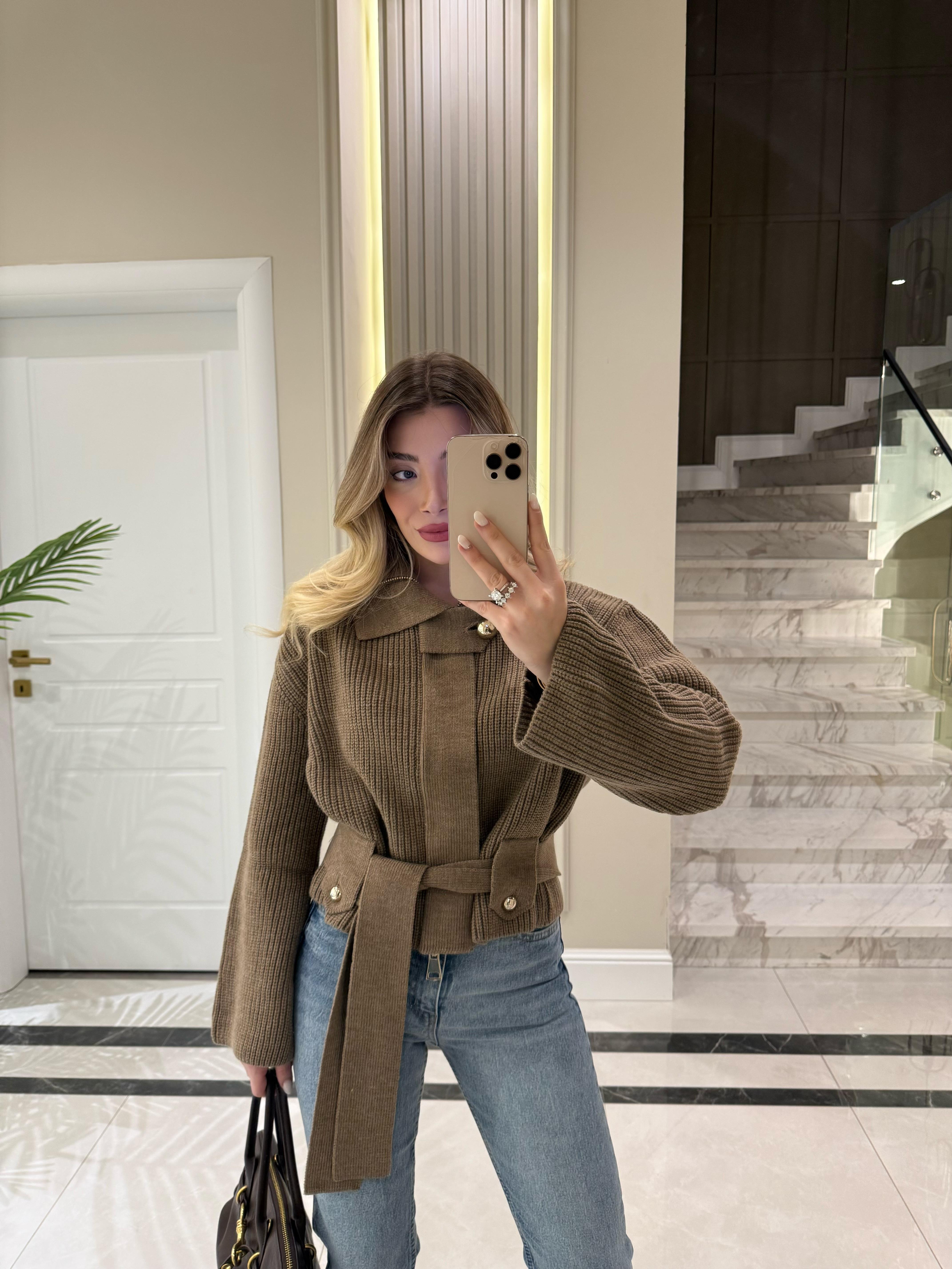 Vizon Fermuarlı Kemerli Düğmeli Yünlü Triko Hırka -60988
