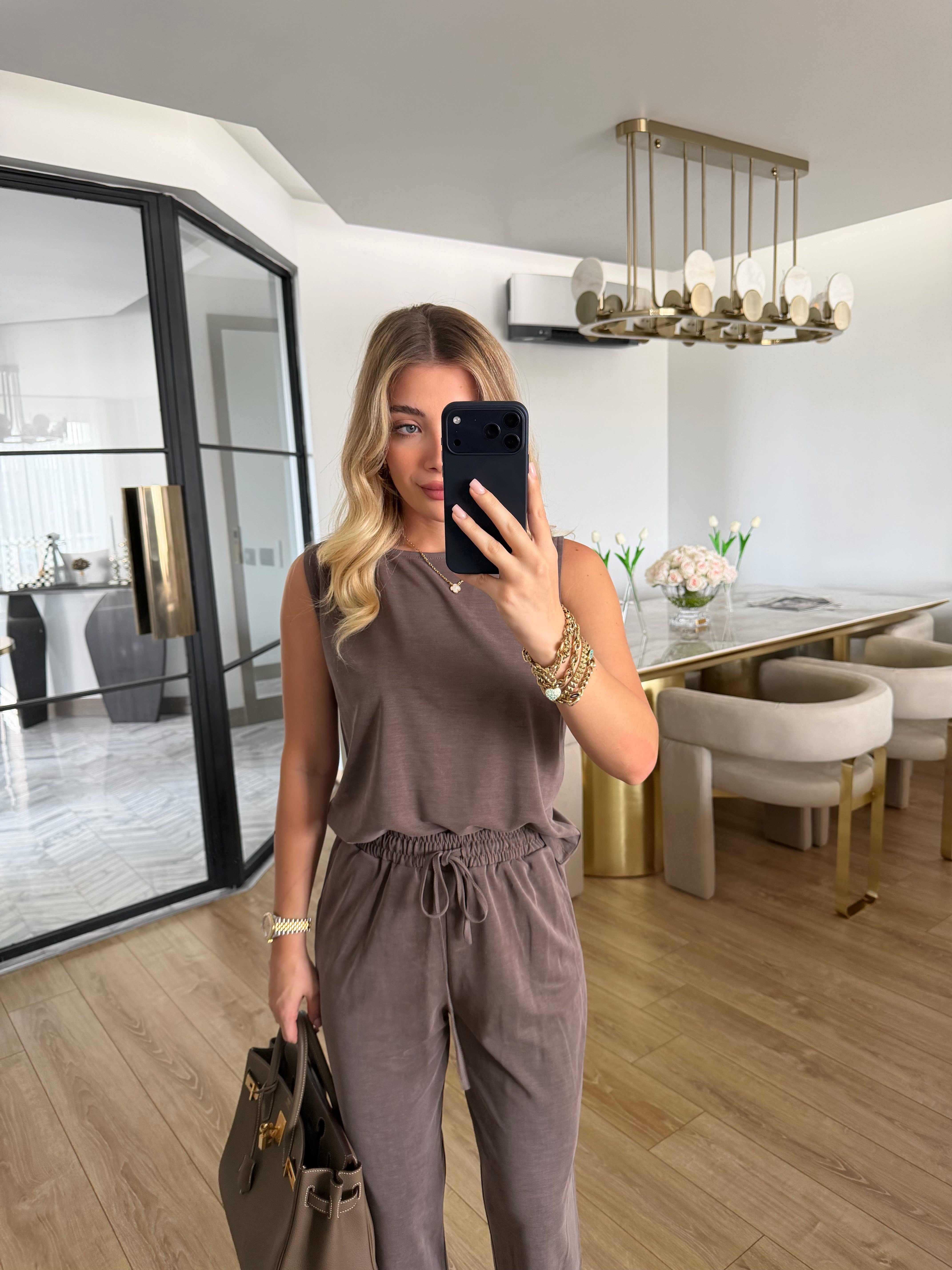  Kahve Sıfır Kol Modal Kumaşlı Bluz Pantolon İkili Takım -7272