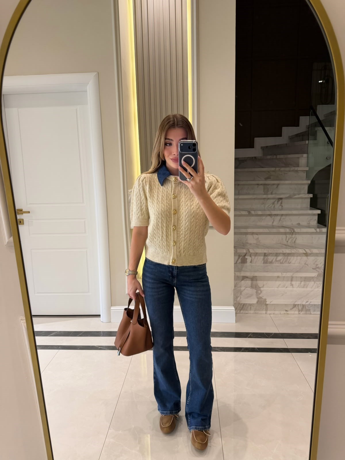 Yakası Jean Detaylı Triko Hırka