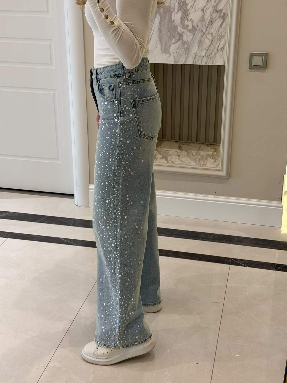 Yanları Taşlı Denim Jean - 9119