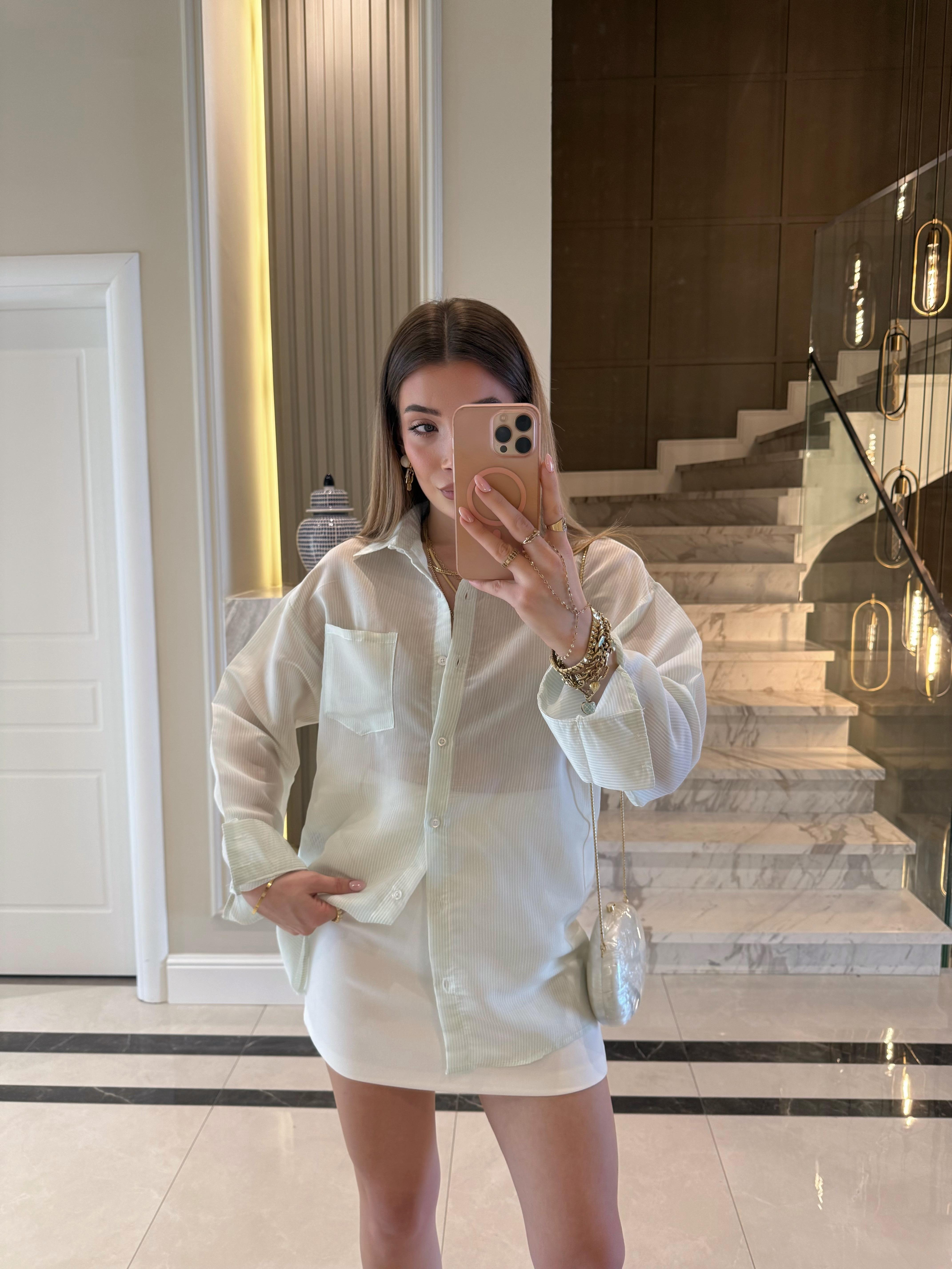 Yeşil-Beyaz Çizgili Ms Oversize Gömlek 