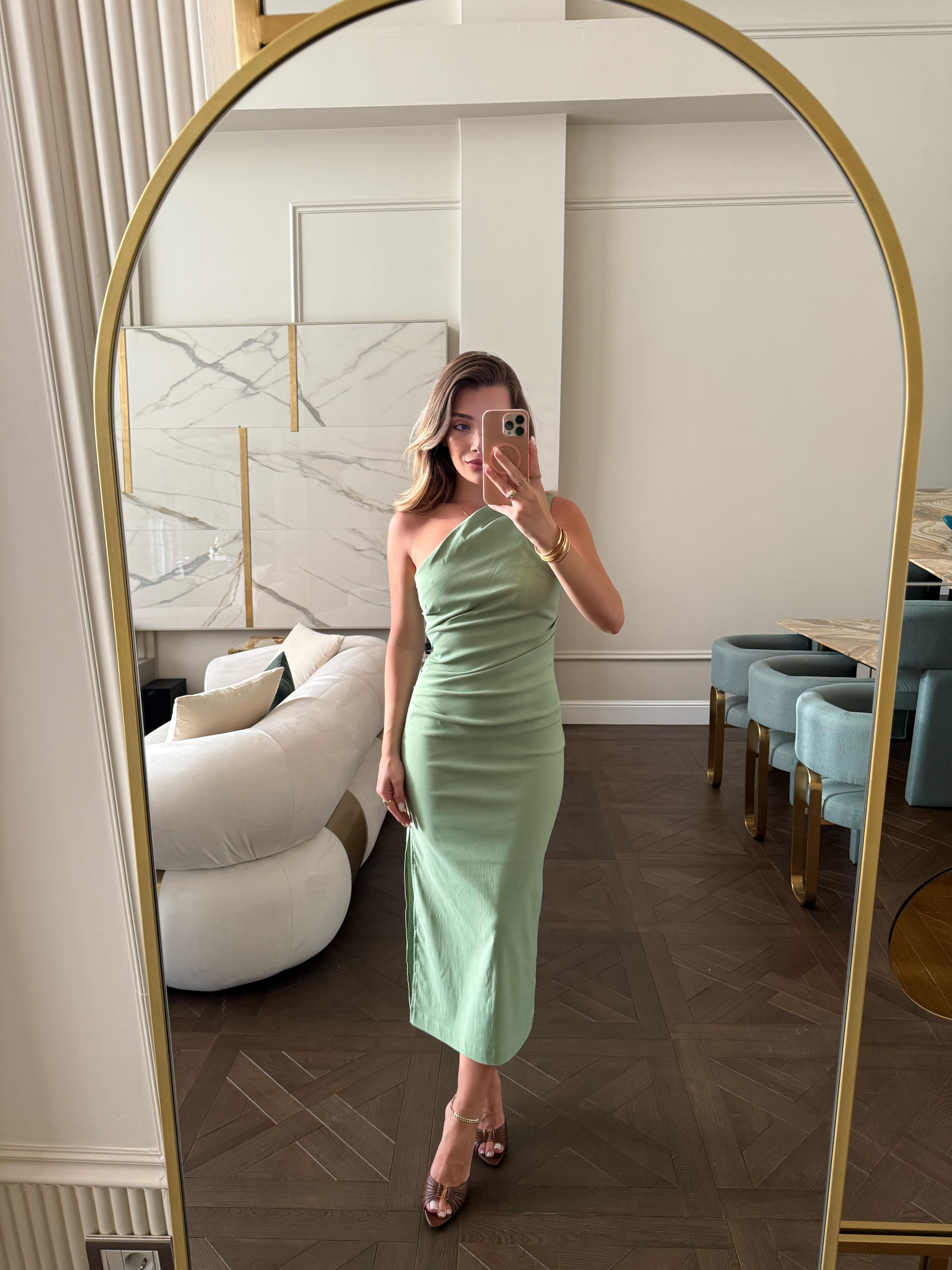 Yeşil Tek Omuz Drapeli Elbise 