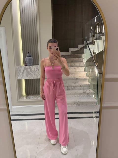 Yüksekbel Beli Lastikli Palazzo Pantolon- Pembe