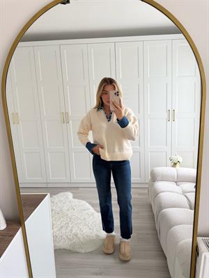 Krem-Mavi Yakası Kot Kazak-1099