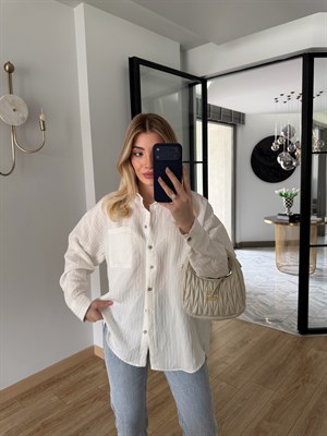  Beyaz Oversize Dokulu Gömlek-5000