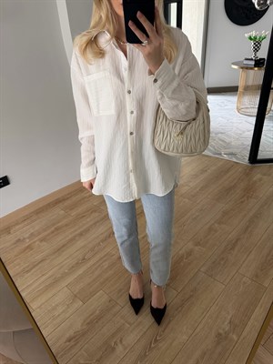  Beyaz Oversize Dokulu Gömlek-5000