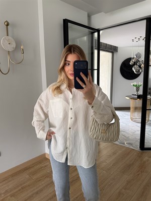  Beyaz Oversize Dokulu Gömlek-5000