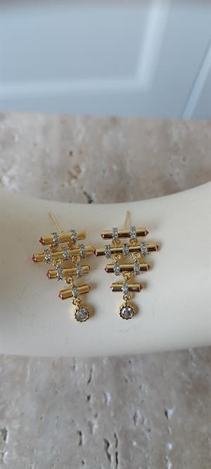  Gold Bakky Taş Detaylı Sıralı Küpe 