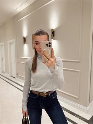  Gri Balıkçı Yaka Kolu Droplu Kazak