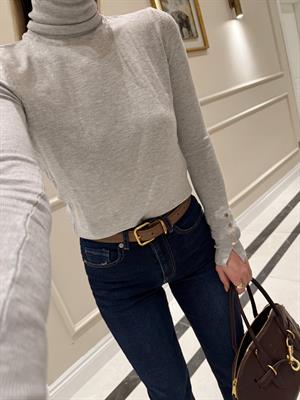  Gri Balıkçı Yaka Kolu Droplu Kazak