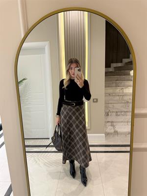  Kahve Büyük Ekoseli Midi Boy Yırtmaçlı Etek