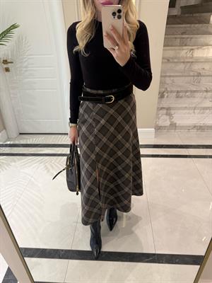  Kahve Büyük Ekoseli Midi Boy Yırtmaçlı Etek