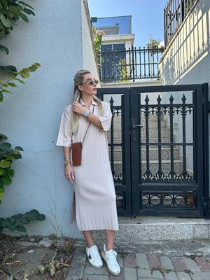  Krem Fitilli Kısa Kollu Elbise