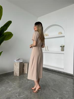 2930-Taş Renk Perry Kuşaklı Midi Elbise