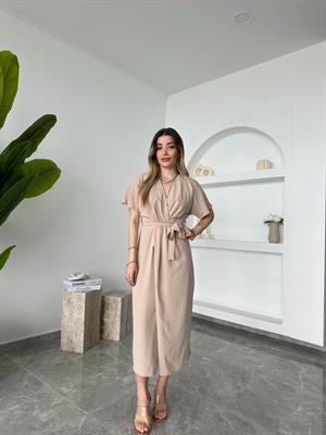 2930-Taş Renk Perry Kuşaklı Midi Elbise