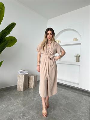2930-Taş Renk Perry Kuşaklı Midi Elbise