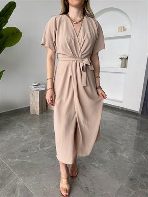 2930-Taş Renk Perry Kuşaklı Midi Elbise