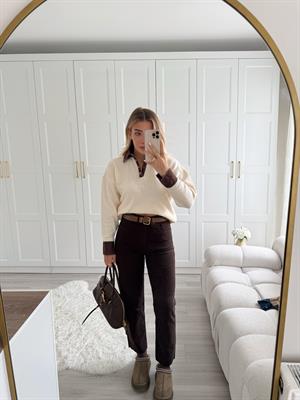 Acı Kahve Boyfit  Paçası Kesik Jean