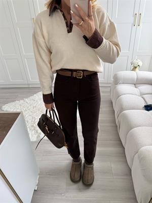 Acı Kahve Boyfit  Paçası Kesik Jean