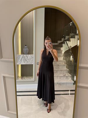 Acı Kahve Boyundan Bağlamalı Parçalı Elbise  1097