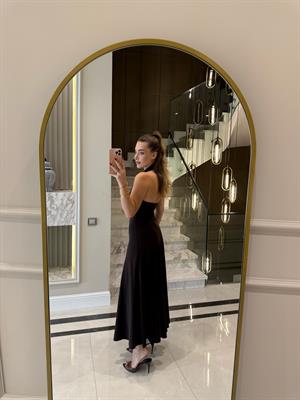 Acı Kahve Boyundan Bağlamalı Parçalı Elbise  1097