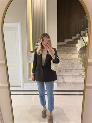 Acı Kahve Çizgili Astarlı Blazer Ceket