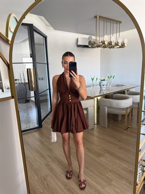 Acı Kahve Gold Düğmeli Ronse Mini Elbise 