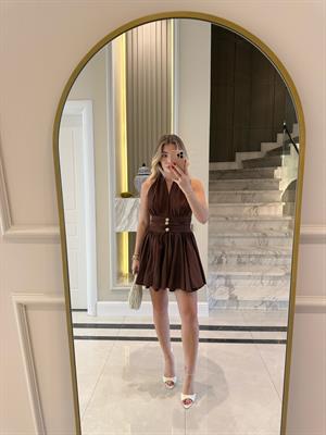 Aci Kahve Gold Düğmeli Ronse Mini Elbise