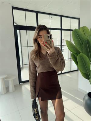 Acı Kahve Yırtmaçlı Şort Etek