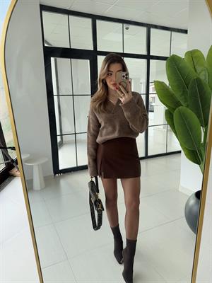 Acı Kahve Yırtmaçlı Şort Etek