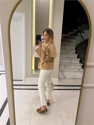 Açık Bej Geniş Yakalı Trençkot - 1023