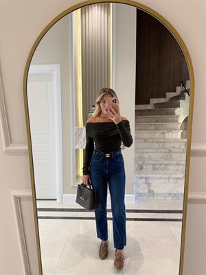 Açık Haki Omuzları Açık Uzun Kollu Top-32128