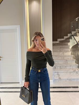 Açık Haki Omuzları Açık Uzun Kollu Top-32128