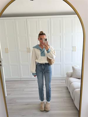 Açık İndigo Yıkamalı Kesik Paça Boyfit Jean -2402 