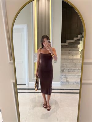 Açık Kahve Askılı Midi Elbise -91495