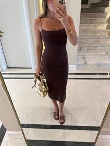 Açık Kahve Askılı Midi Elbise -91495