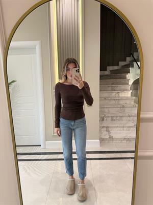 Açık Kahve  Büzgülü Kayık Yaka Top-31401