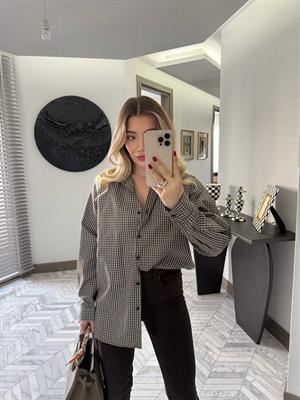 Açık Kahve  Çizgili Oversize Poplin Gömlek-34506