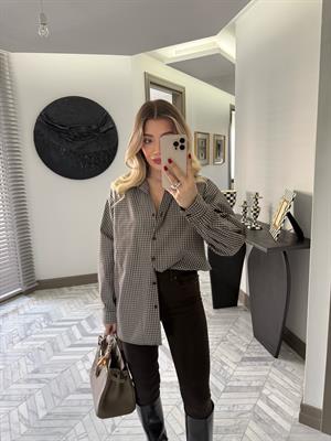 Açık Kahve  Çizgili Oversize Poplin Gömlek-34506