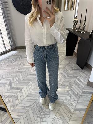 Açık Mavi Baklava Desen Taşlı Wide Leg Jean