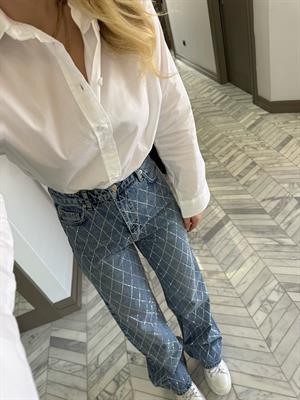 Açık Mavi Baklava Desen Taşlı Wide Leg Jean