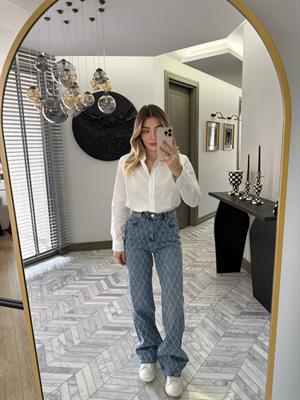 Açık Mavi Baklava Desen Taşlı Wide Leg Jean