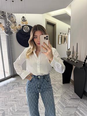 Açık Mavi Baklava Desen Taşlı Wide Leg Jean