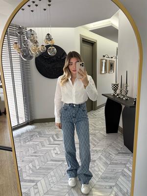 Açık Mavi Baklava Desen Taşlı Wide Leg Jean